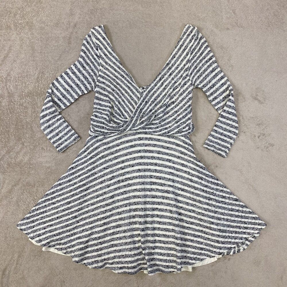 Free People Gray Ivory Striped Faux Wrap V Neck V Back Maverick Dress Small - Picture 2 of 14